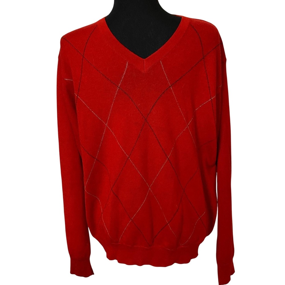 Vintage Sette Ponti Red Mens Argyle Made in Italy V Neck Merino Blend Sweater S